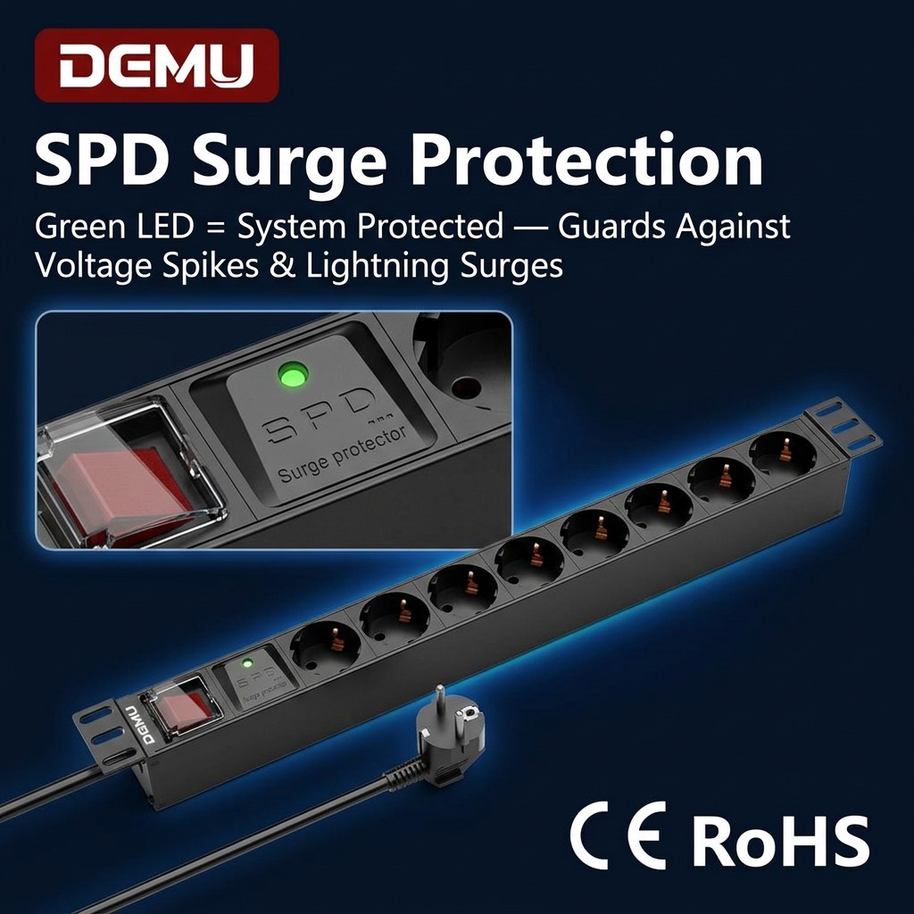 Industrial 1U Rack PDU 8 Way Schuko Outlets Double Pole SPD Surge T5 Aluminum Server Cabinet