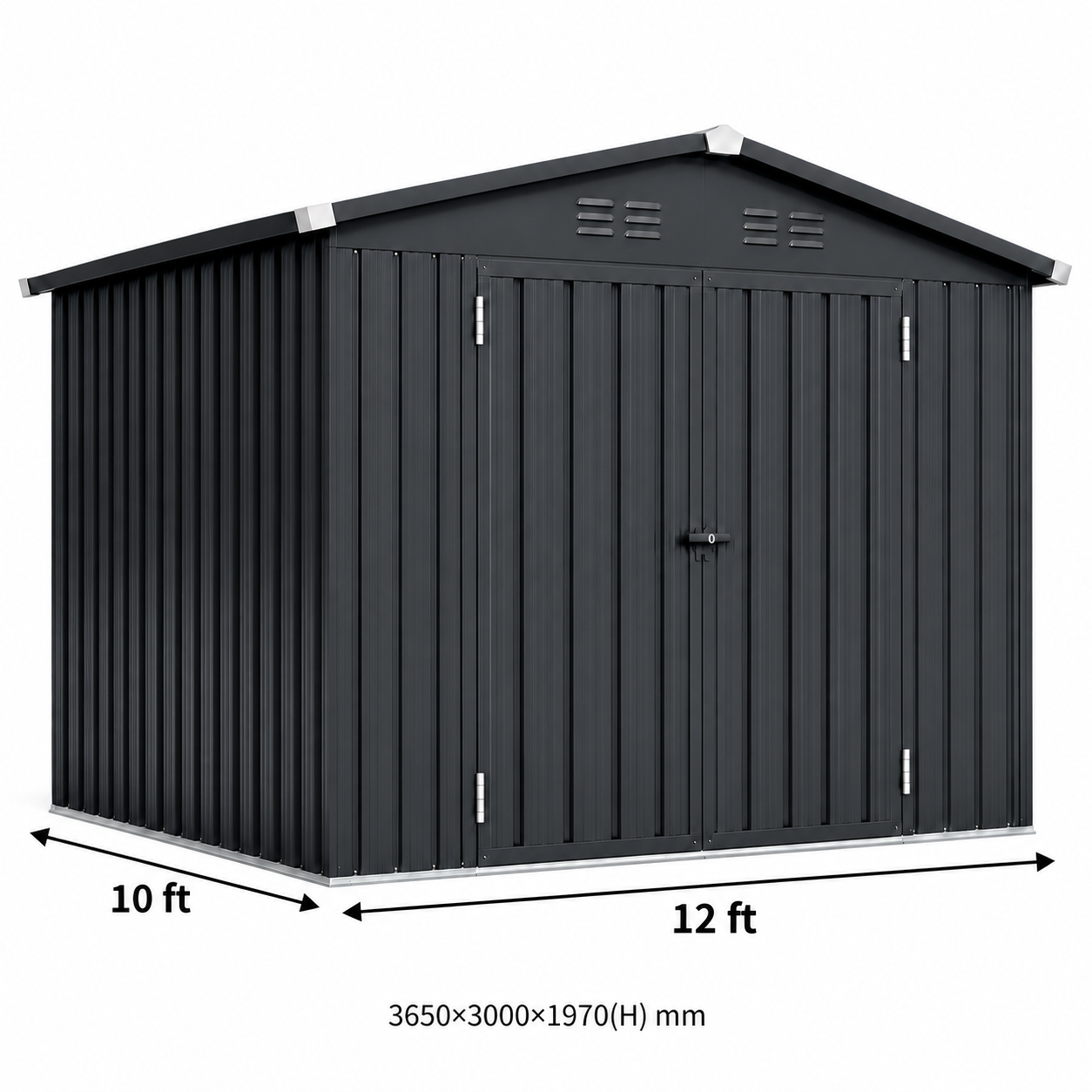 12x10 FT Galvanized Tinplate Garden Storage Shed Easily Assembled Steel Shelving Unit With Lockable Double Door