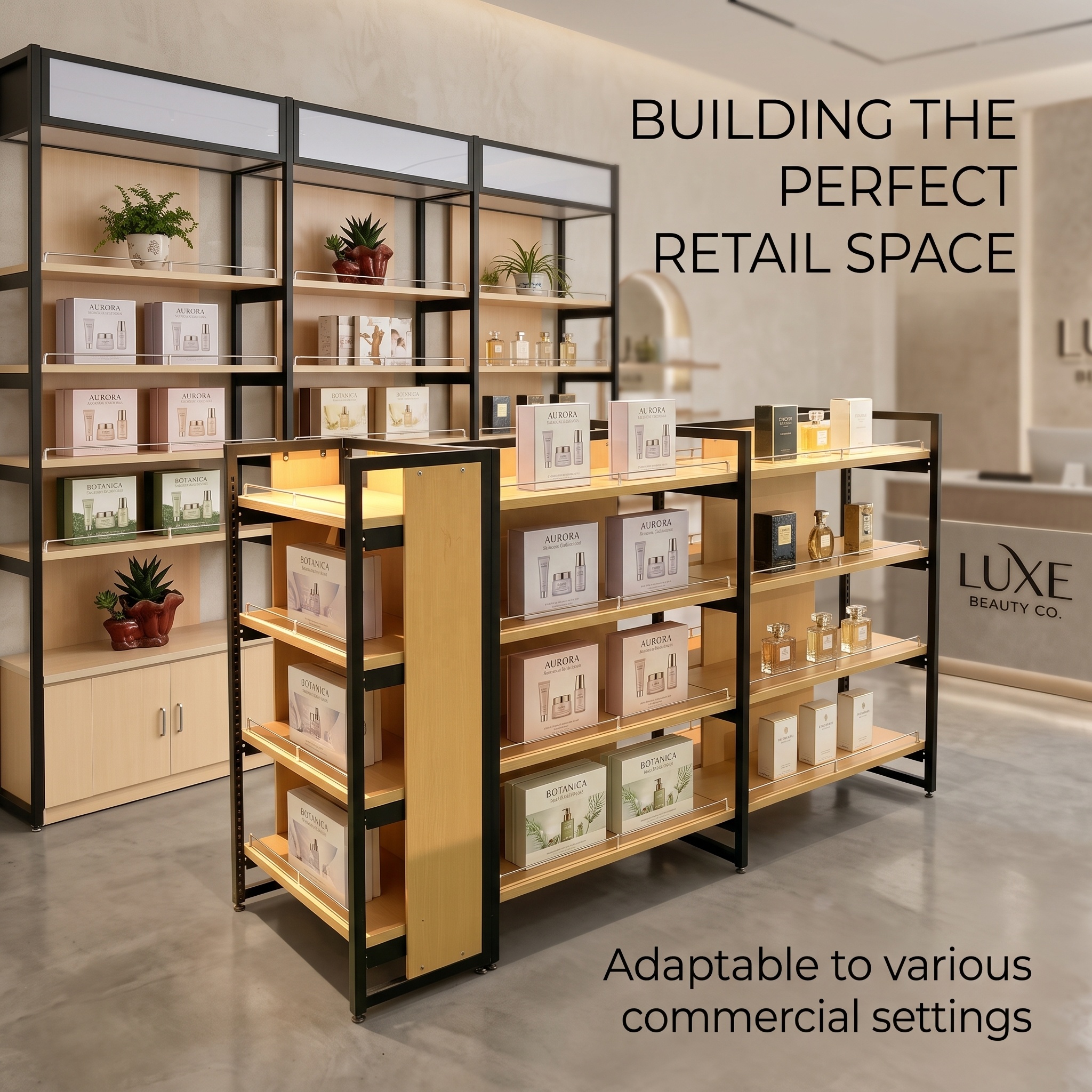 Metal Gondola Shelving With Wooden Shelves Grocery Convenience Store Display Racks Supermarket Aisle Shelves