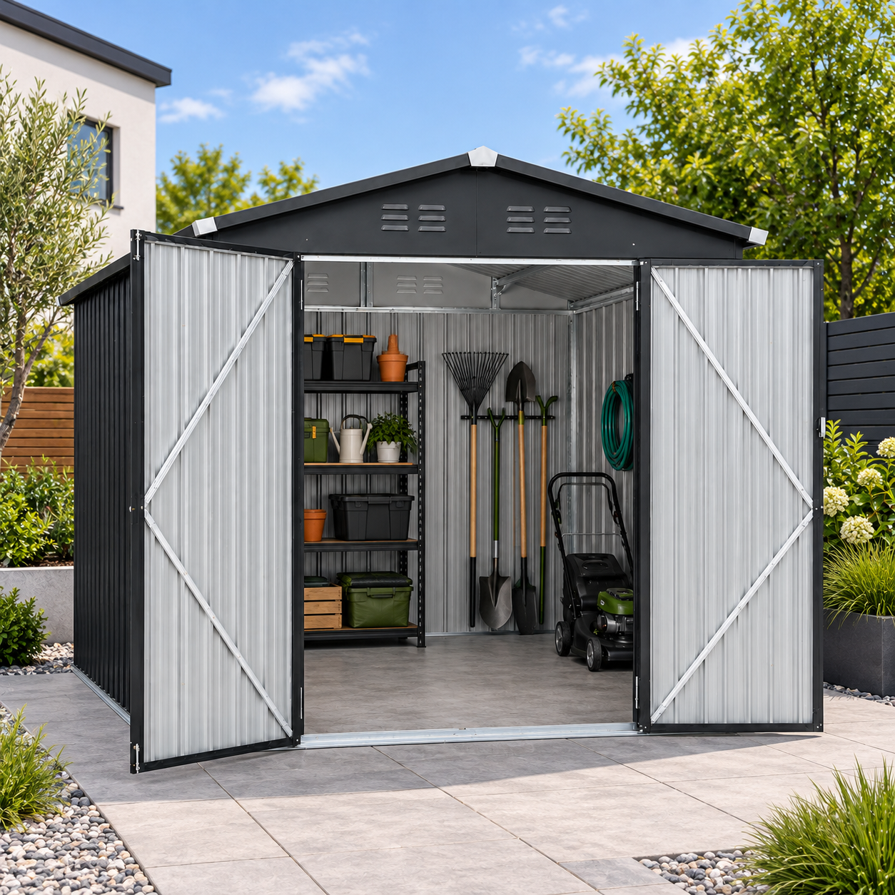 12x10 FT Galvanized Tinplate Garden Storage Shed Easily Assembled Steel Shelving Unit With Lockable Double Door