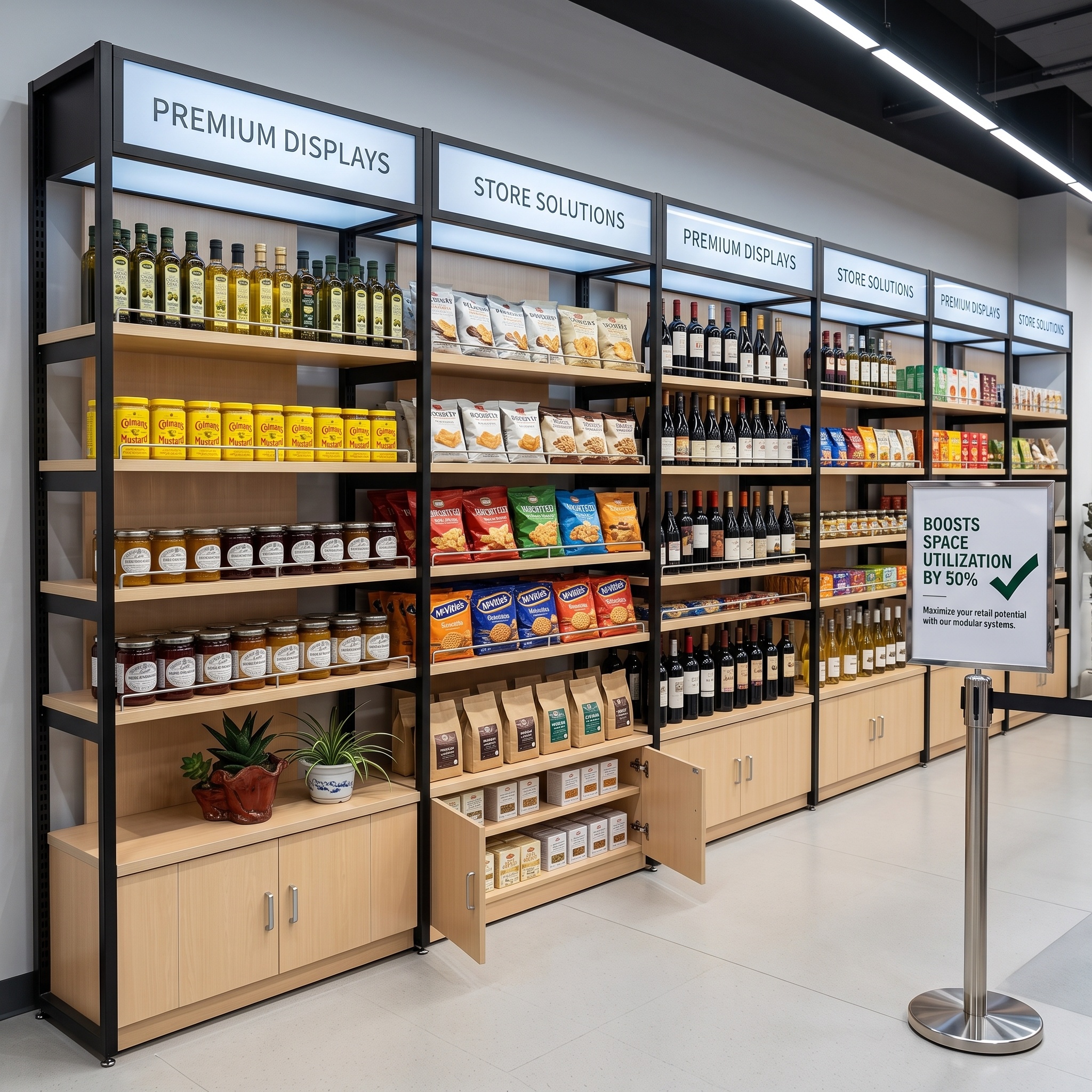 Metal Gondola Shelving With Wooden Shelves Grocery Convenience Store Display Racks Supermarket Aisle Shelves