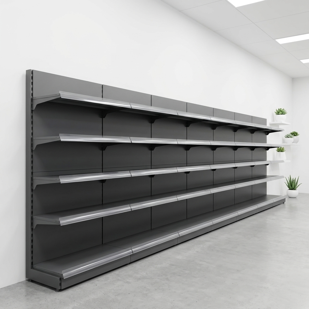 Heavy Duty Solid Back Dark Grey Metal Adjustable Supermarket Shelving Rack for Retail Convenience Stores