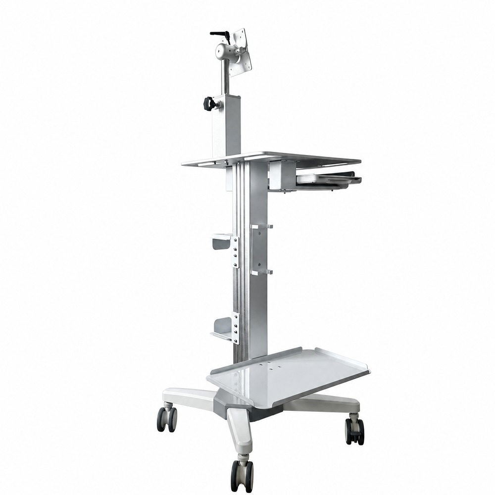 Mobile Workstation Cart with VESA Mount Keyboard Tray Aluminum Column Adjustable Brackets and Locking Casters