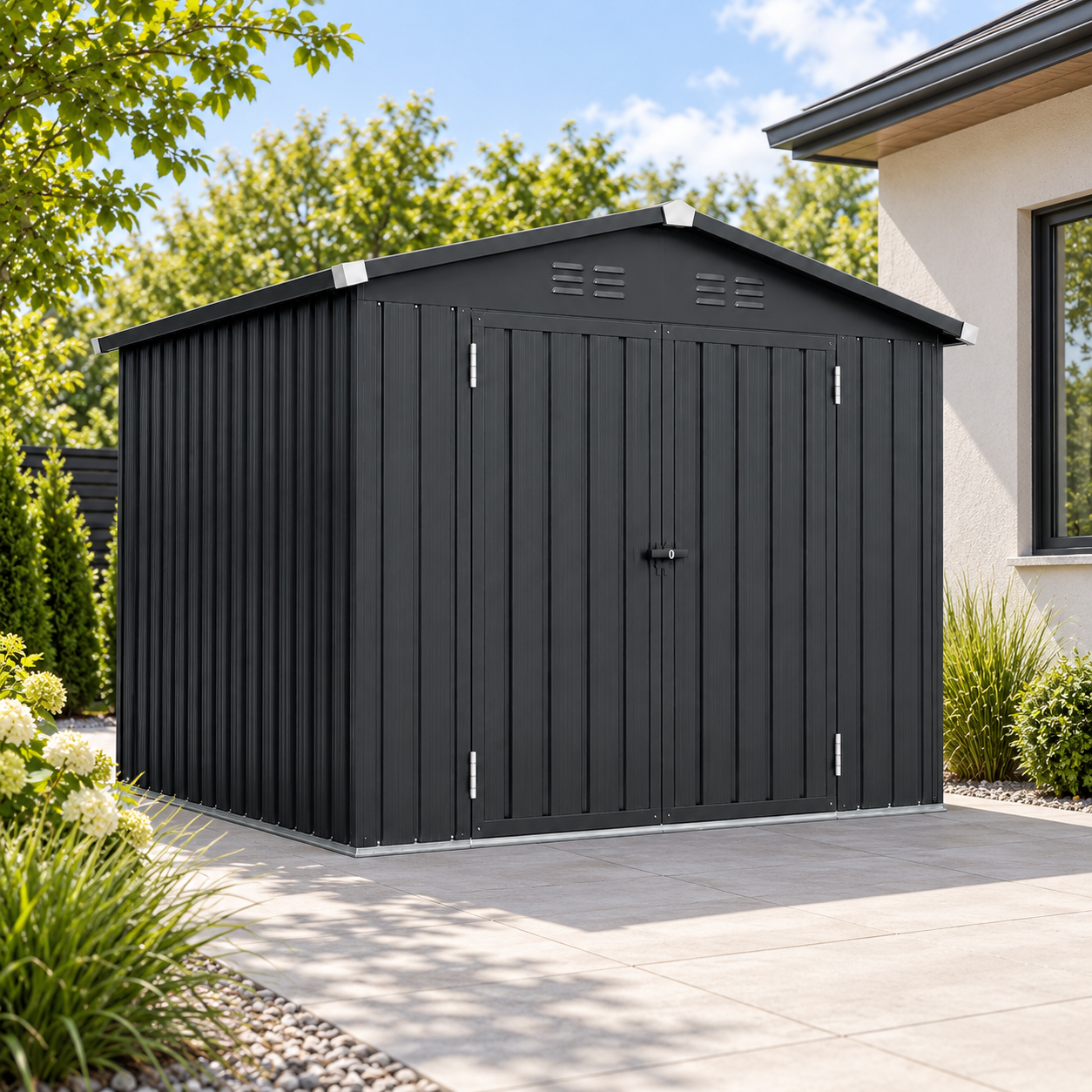12x10 FT Galvanized Tinplate Garden Storage Shed Easily Assembled Steel Shelving Unit With Lockable Double Door