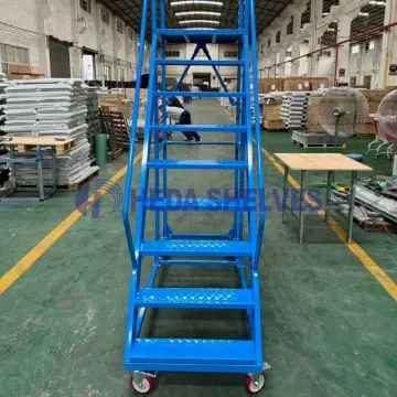 Mobile rolling warehouse ladder cart with platform handrails