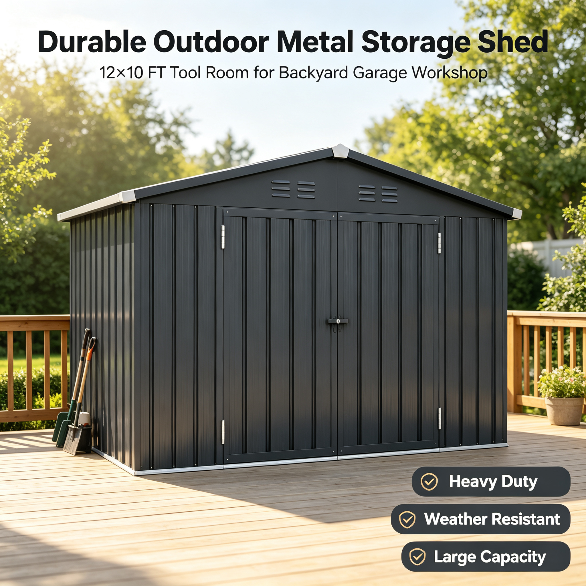 12x10 FT Galvanized Tinplate Garden Storage Shed Easily Assembled Steel Shelving Unit With Lockable Double Door