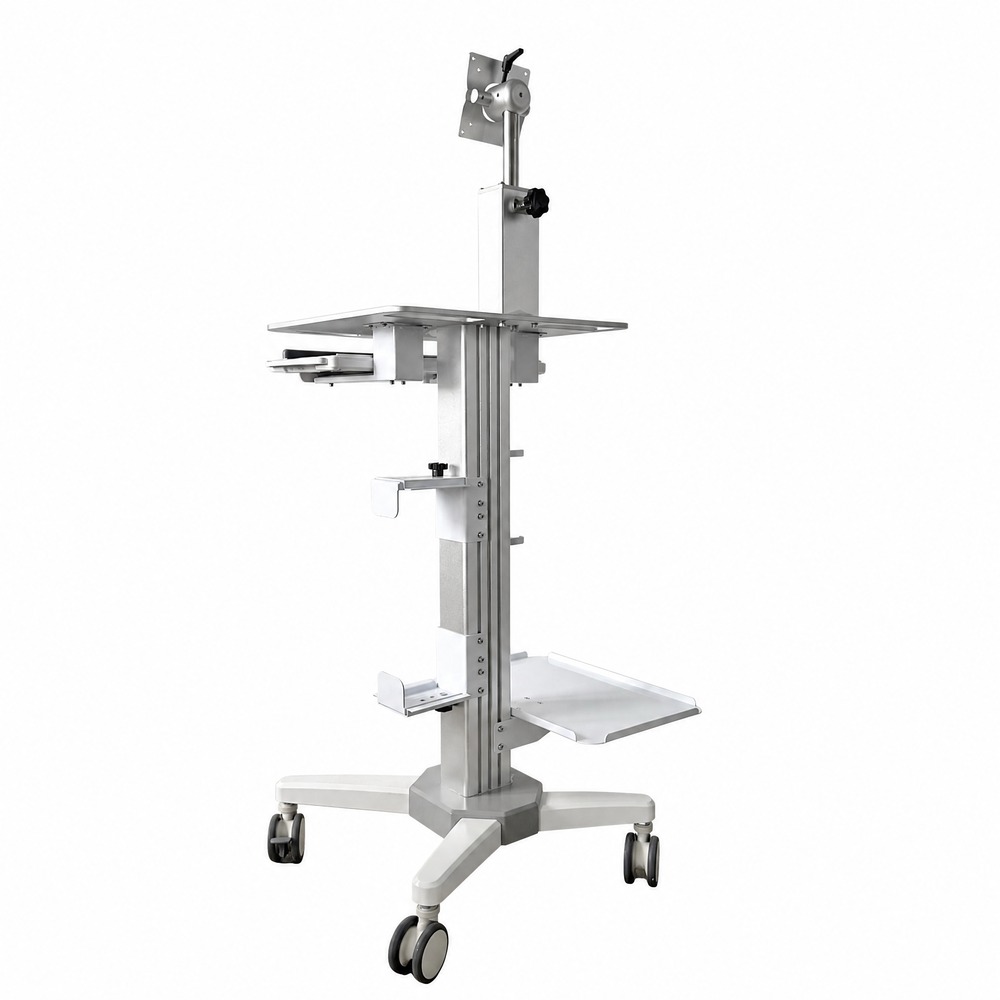 Mobile Workstation Cart with VESA Mount Keyboard Tray Aluminum Column Adjustable Brackets and Locking Casters