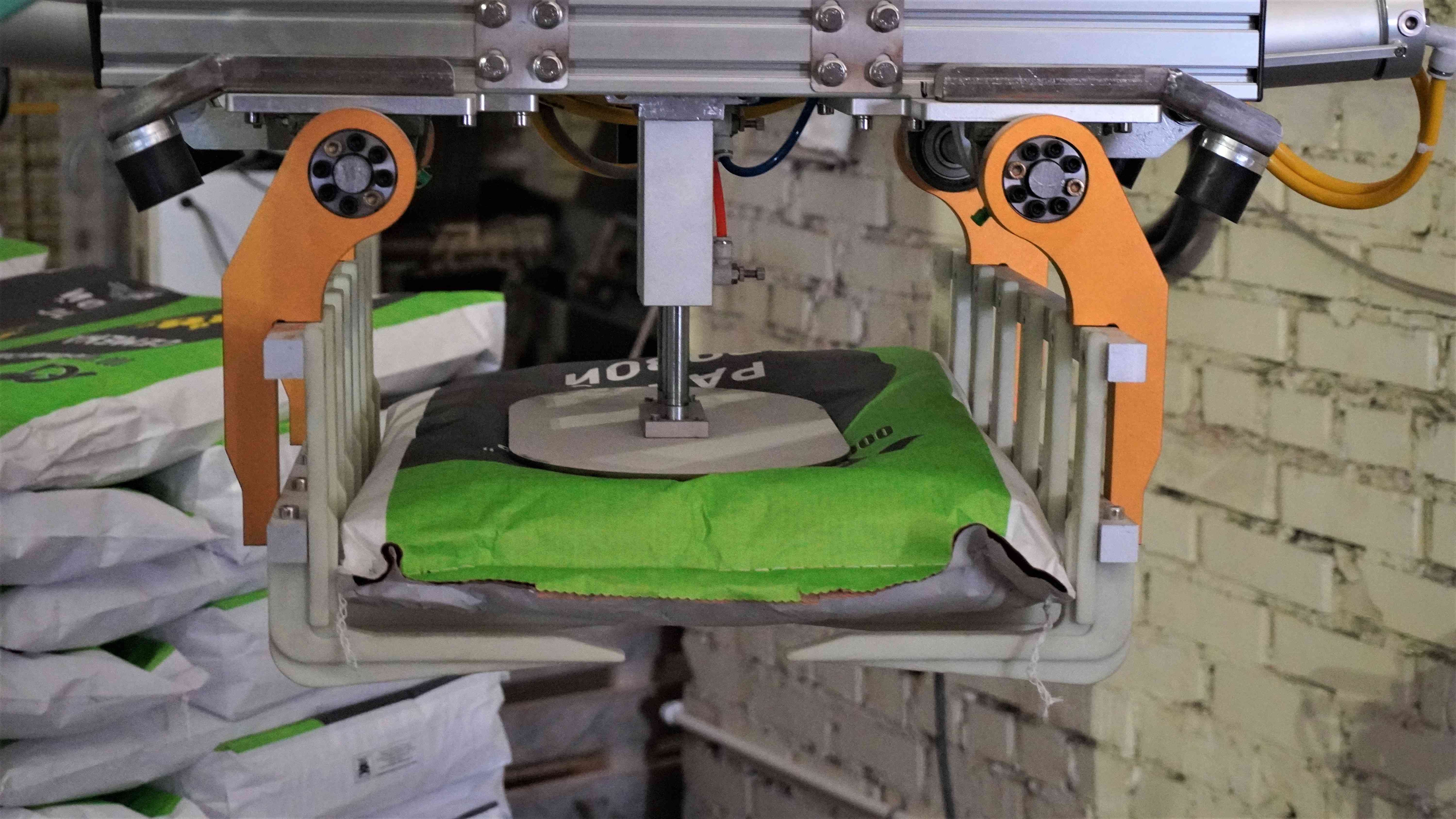 Bagging line with a robotic palletizer and conveyor system
