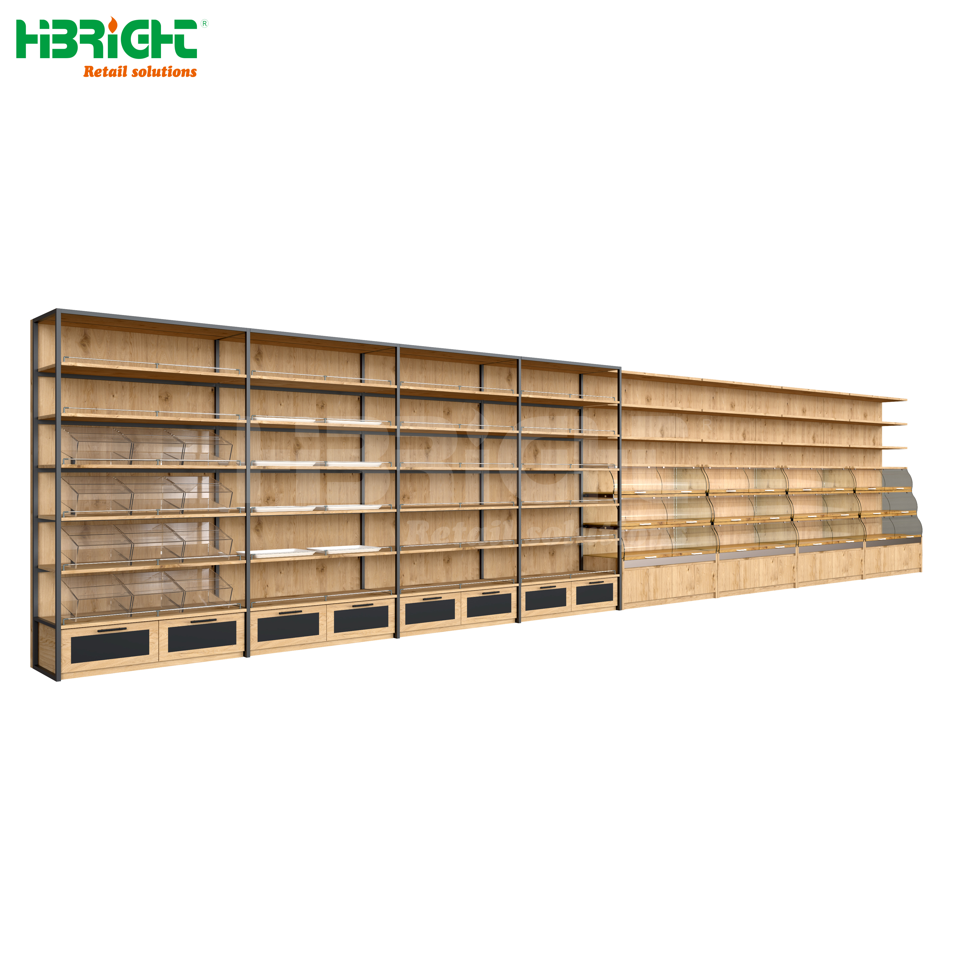 Commercial Display Shelf Wooden Steel Combination Supermarket Books Display Cabinet Racks