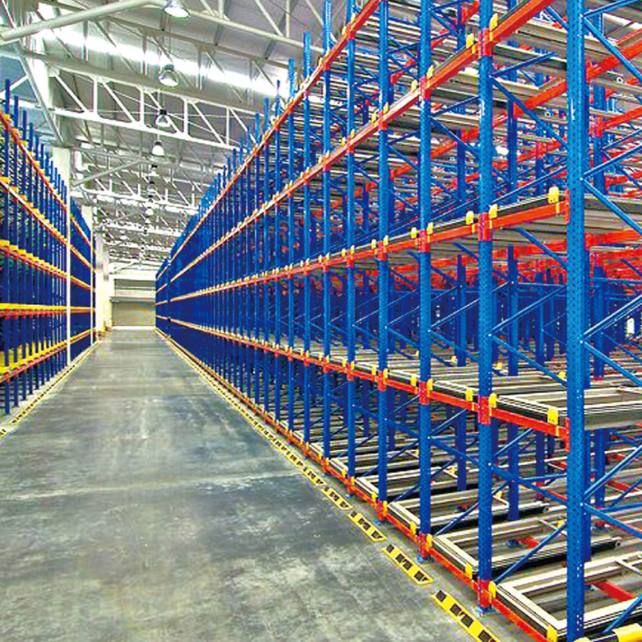 High Density 5 Layer Heavy Duty Push Back Warehouse Rack Industrial Storage System for Food Beverages Daily Chemical Products