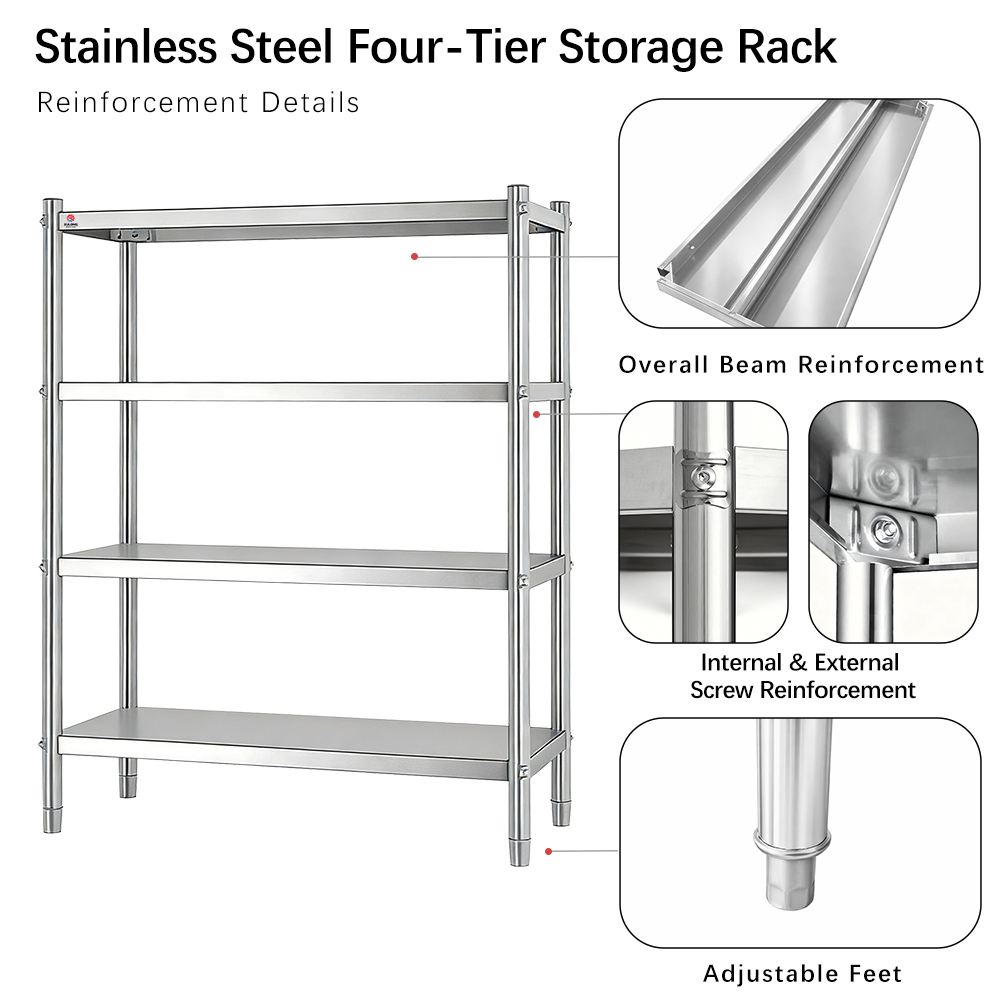 Stainless Steel Storage Shelf Heavy Duty Shelving Commercial Kitchen Rack Restaurant Hotel Shelf 4 Tier Storage Rack
