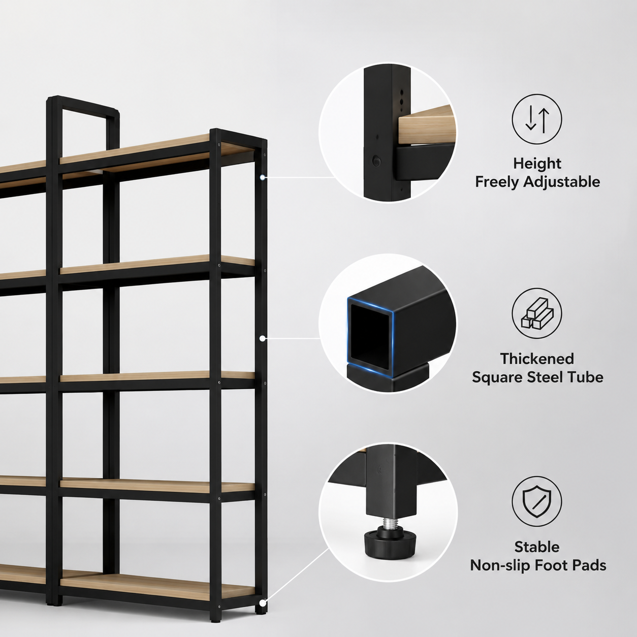 Industrial Steel Wood Storage Shelf Adjustable 5 Tier Display Rack Combined Metal Wooden Bookshelf for Shop Home Exhibition