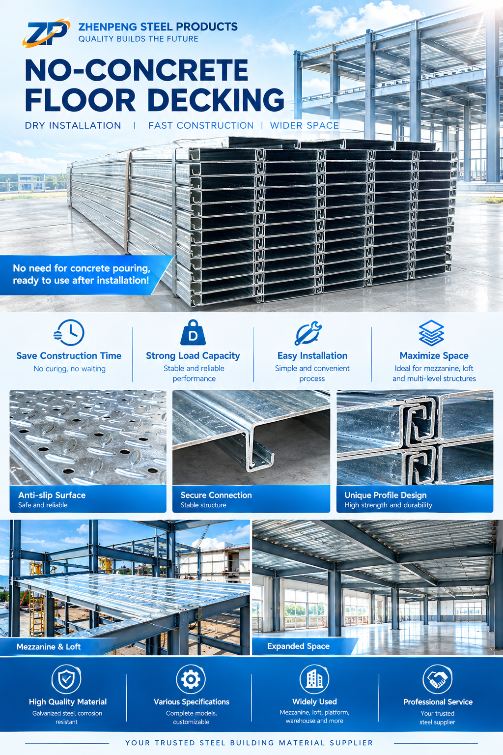 Warehouse Rack Platform Floor Deck | Dry-Lay Prefabricated Steel Panel for No-Concrete Storage Warehouse Building Construction