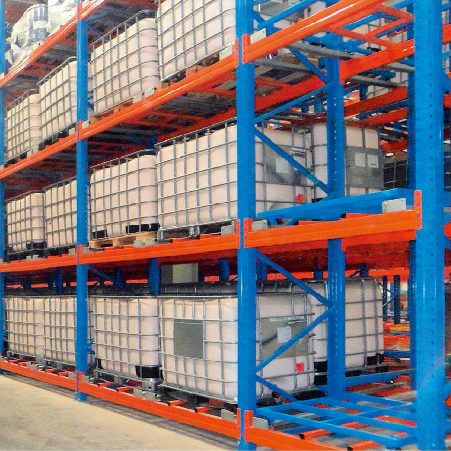 High Density 5 Layer Heavy Duty Push Back Warehouse Rack Industrial Storage System for Food Beverages Daily Chemical Products