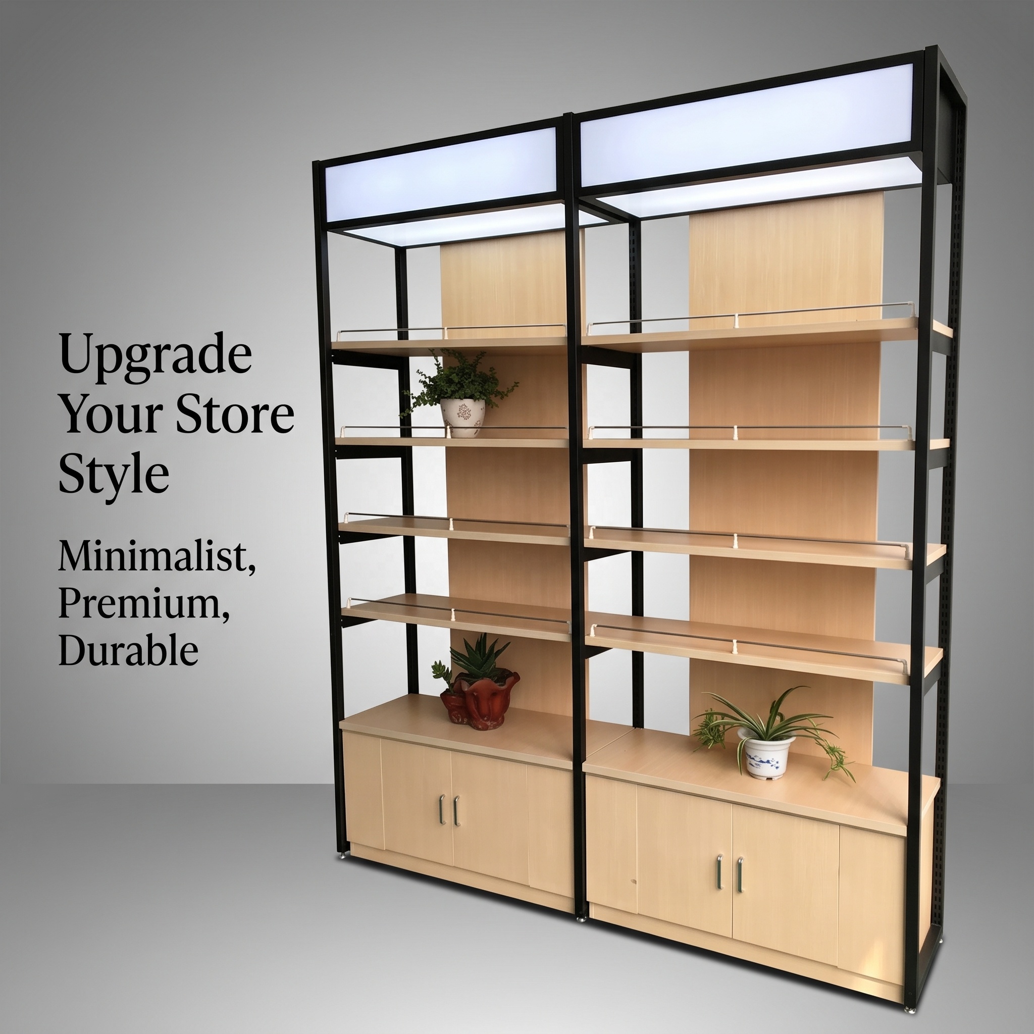 Metal Gondola Shelving With Wooden Shelves Grocery Convenience Store Display Racks Supermarket Aisle Shelves